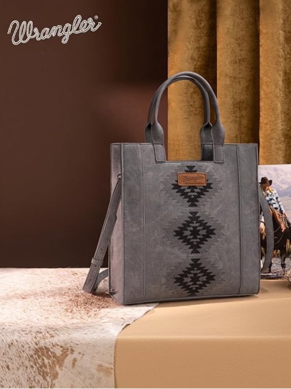 Wrangler NWT Aztec Embroidered Tote Bag Gray Black Western Crossbody